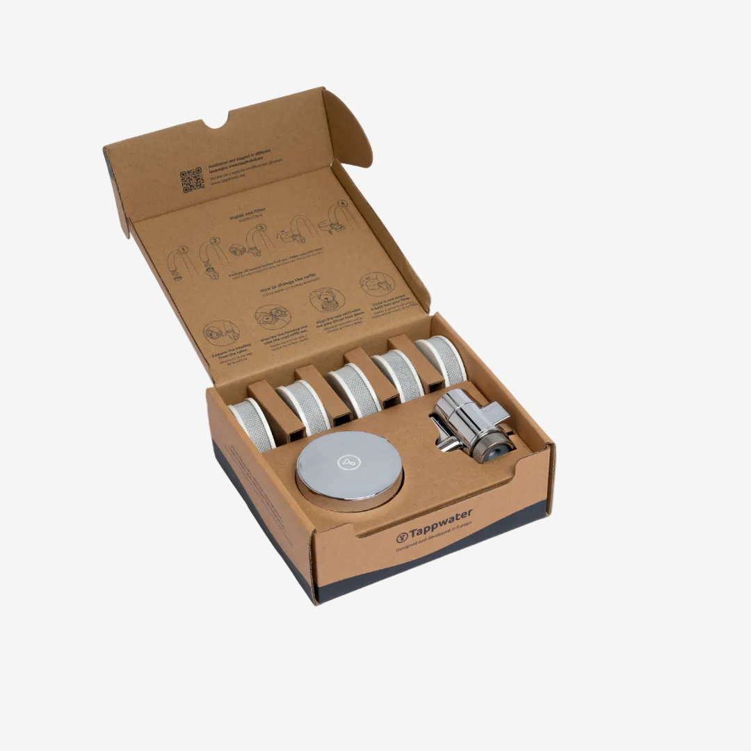 EcoPro Compact Annual Pack open box — six refill cartridges, chrome filter housing and diverter valve in kraft packaging