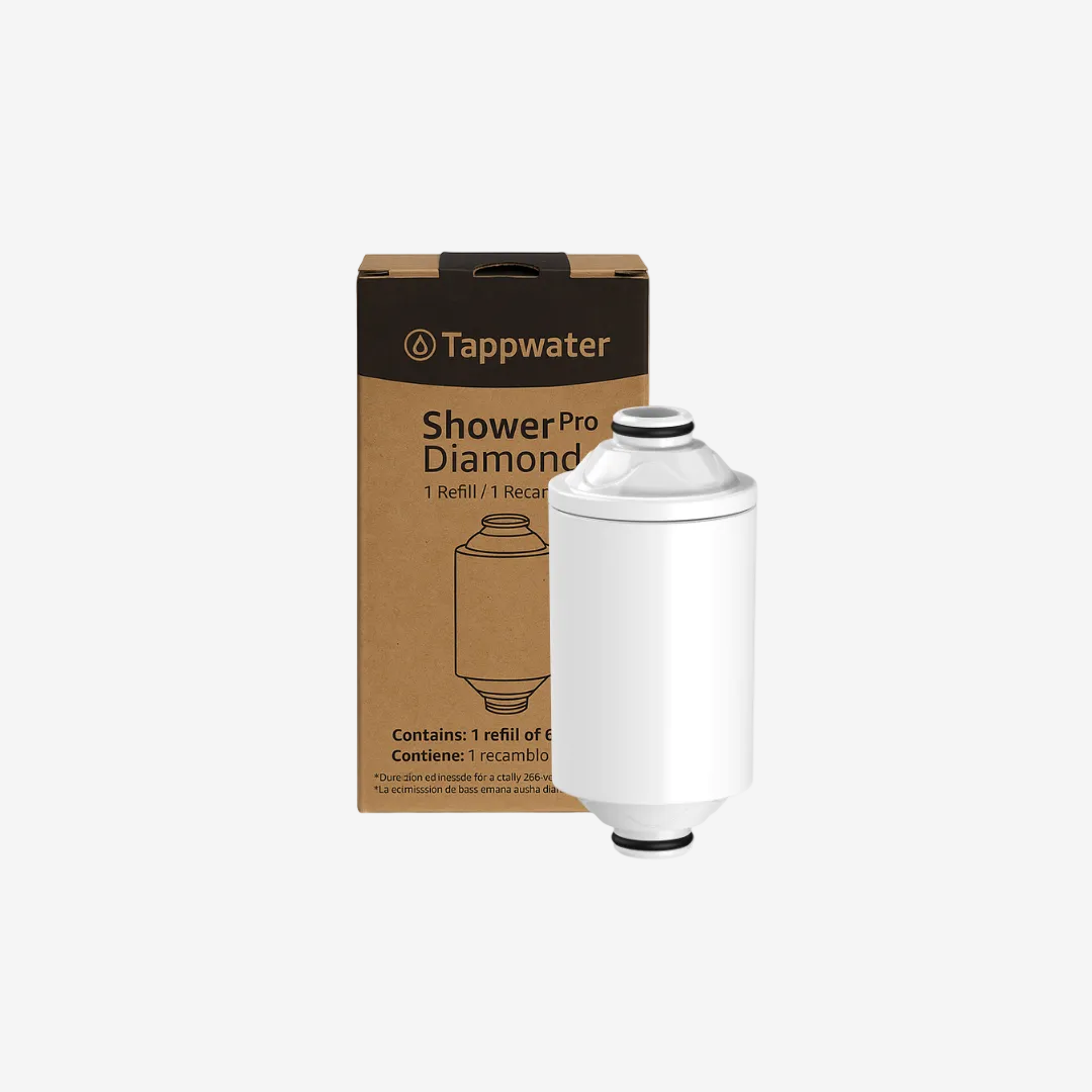 ShowerPro Diamond replacement cartridge — white filter beside its kraft retail box
